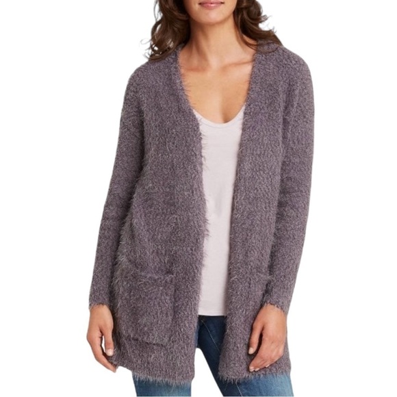 Knox Rose Gray Open Front Cardigan Sweater Faux Fur Detachable Collar Sz. S - Picture 2 of 15